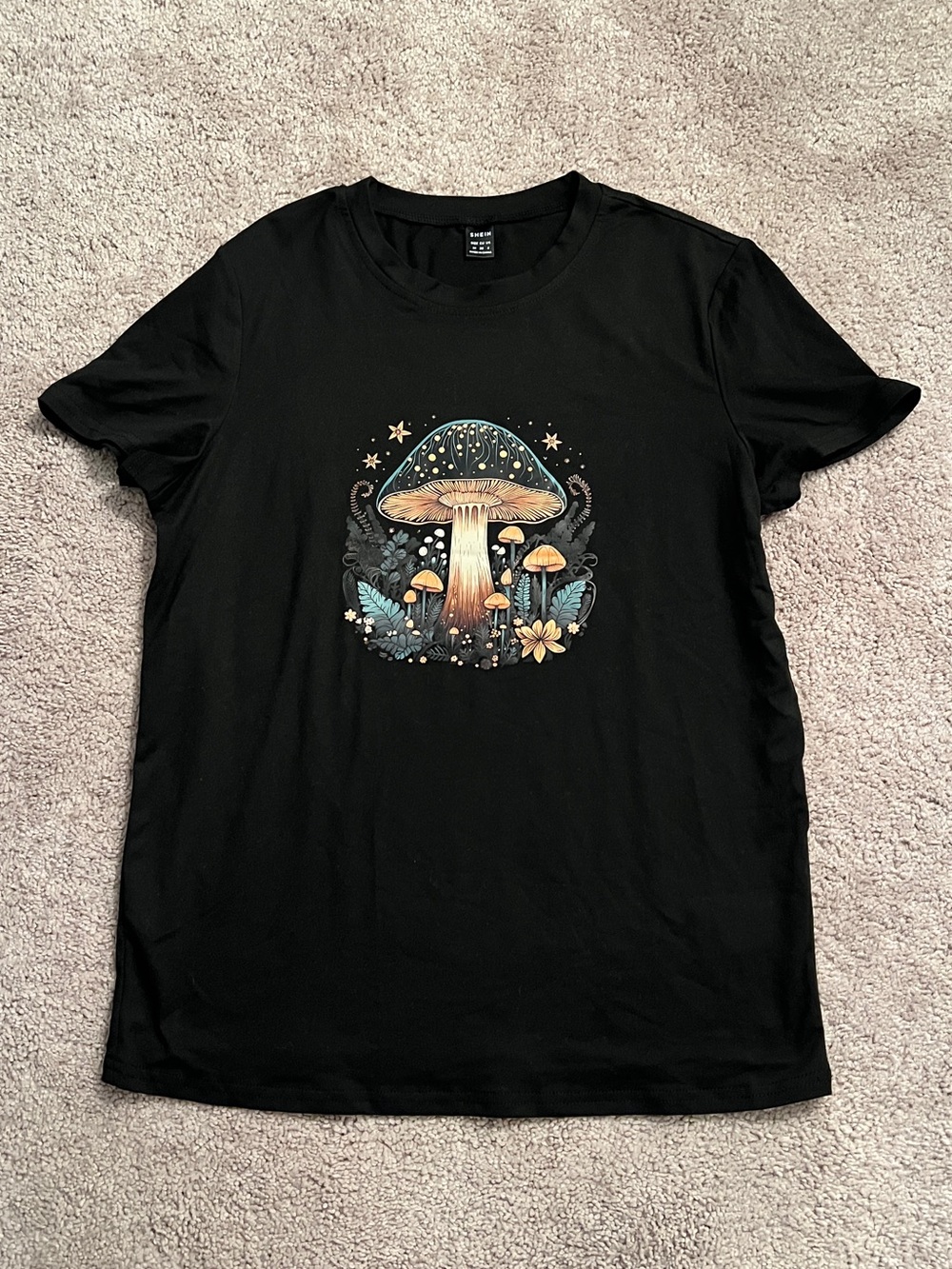 SHEIN Black Graphic Mushroom Tee with Blue and Tan Accents